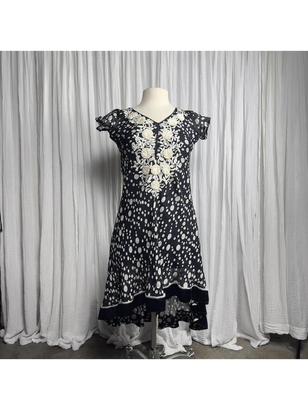 Vintage Whimsy Polka Dot Embroidered Asymmetrical Midi Dress (S)